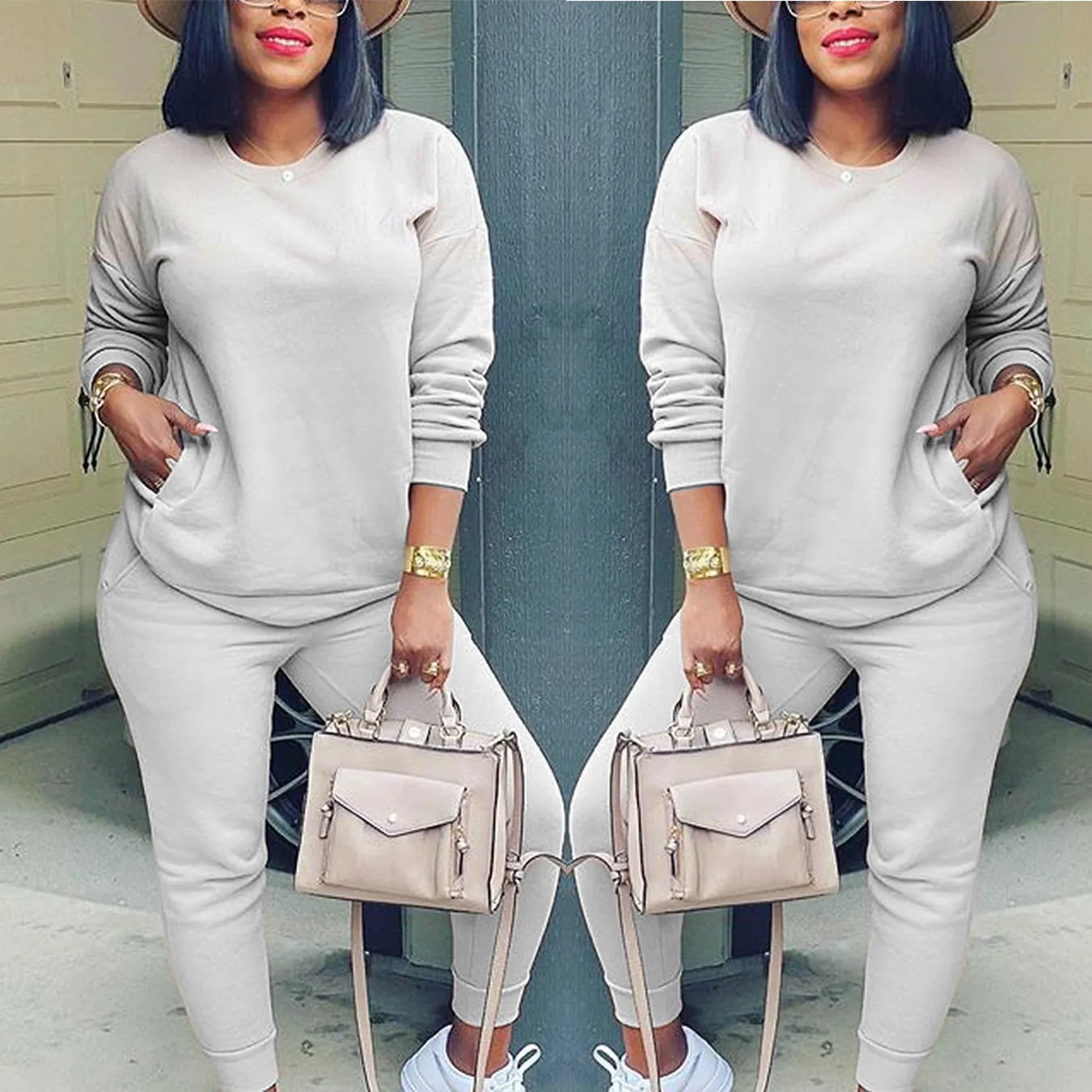 Cozy and Chic Solid Color Slim Fit Casual Two-Piece Pants Set for Autumn and Winter Fashion