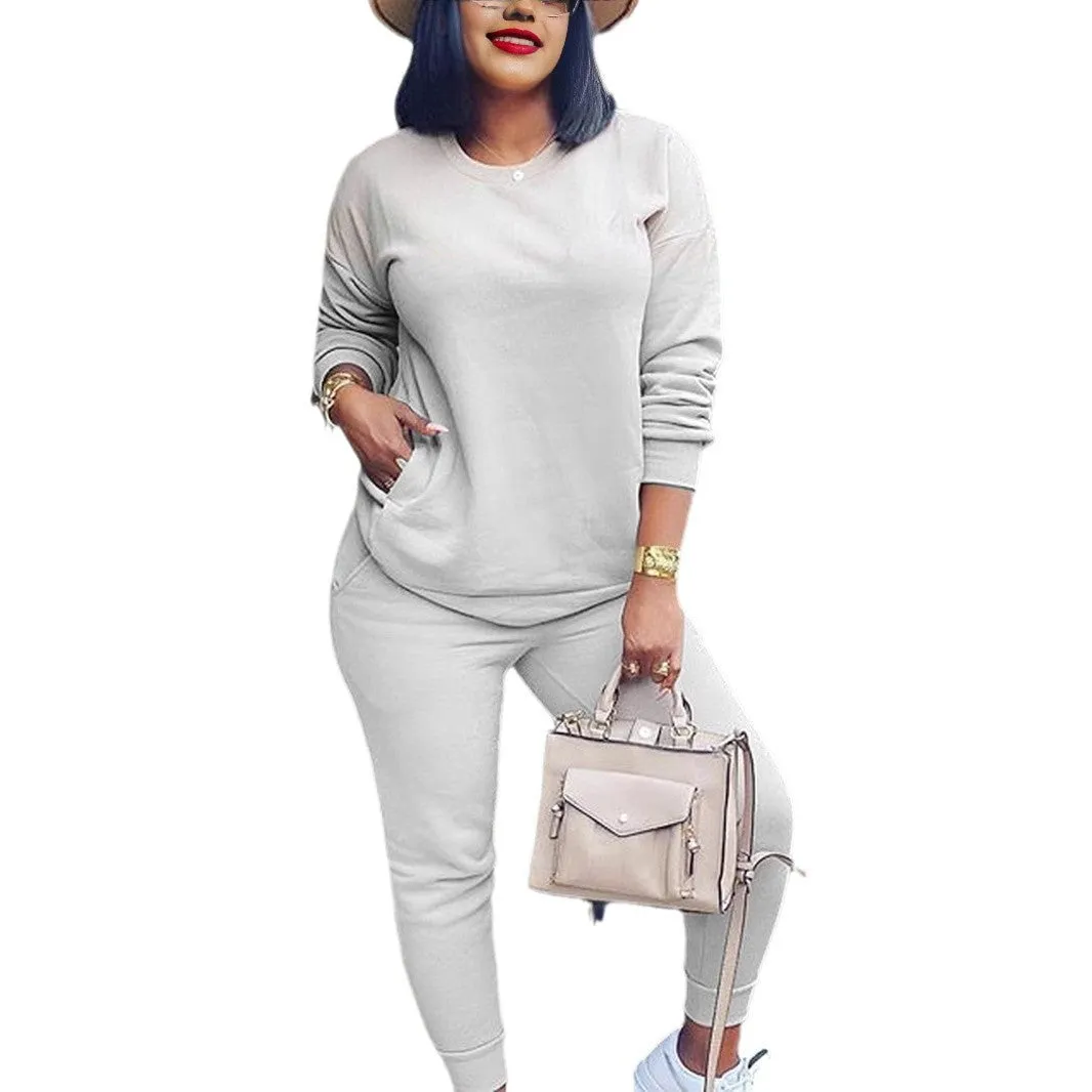Cozy and Chic Solid Color Slim Fit Casual Two-Piece Pants Set for Autumn and Winter Fashion