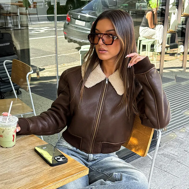 Cropped Faux Leather Jacket with Plush Turndown Collar for Effortless Warmth