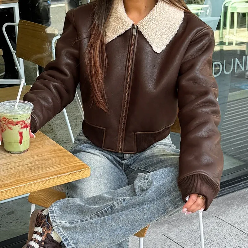 Cropped Faux Leather Jacket with Plush Turndown Collar for Effortless Warmth