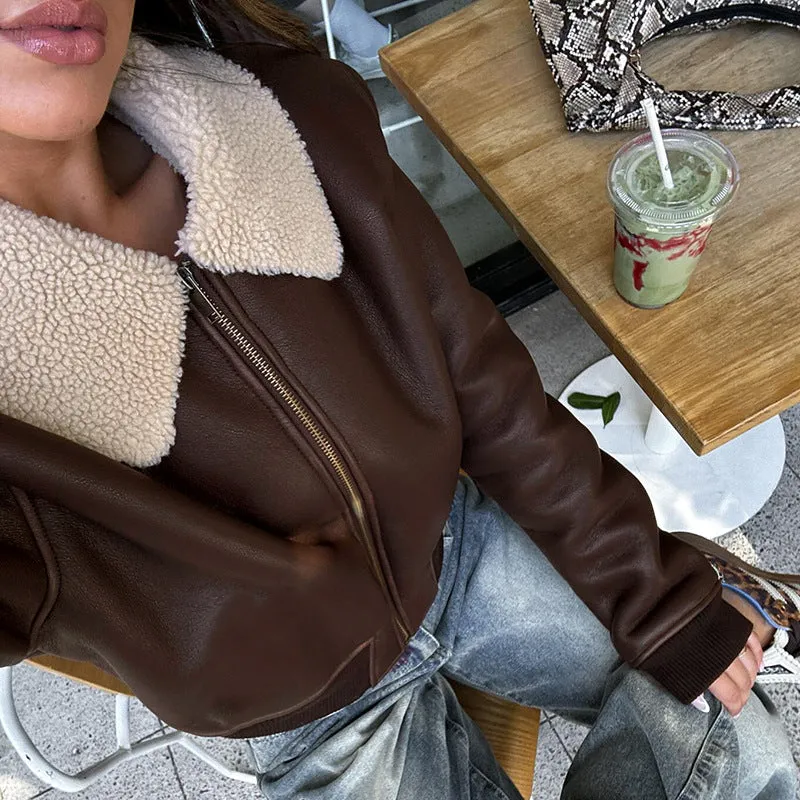 Cropped Faux Leather Jacket with Plush Turndown Collar for Effortless Warmth