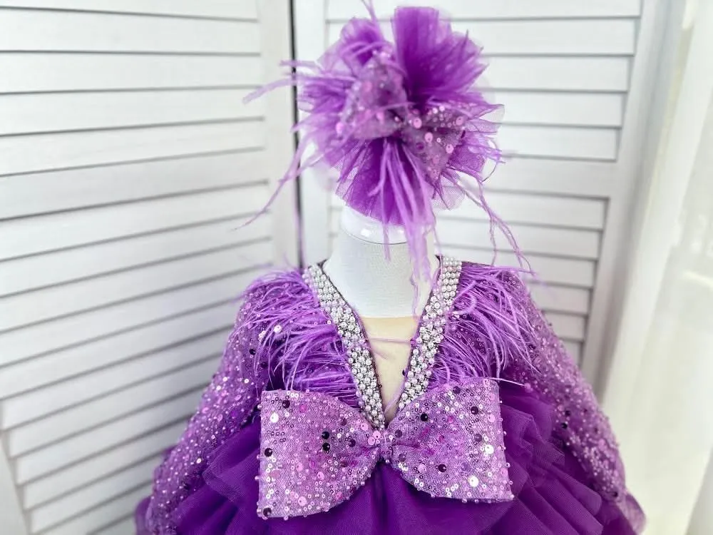 Dance Performance Evening Dress Feather Sequin Birthday Party Girl Princess Dress
