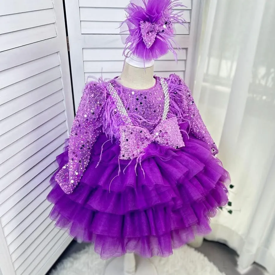 Dance Performance Evening Dress Feather Sequin Birthday Party Girl Princess Dress