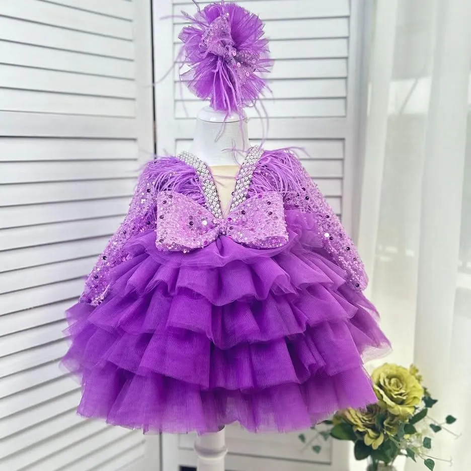 Dance Performance Evening Dress Feather Sequin Birthday Party Girl Princess Dress