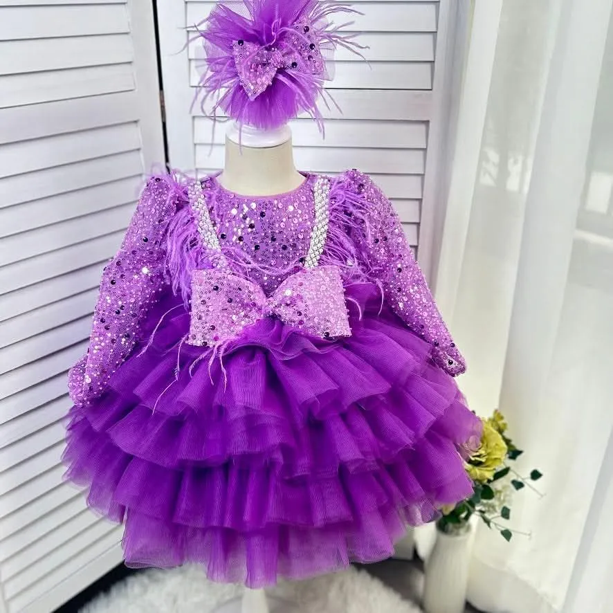 Dance Performance Evening Dress Feather Sequin Birthday Party Girl Princess Dress