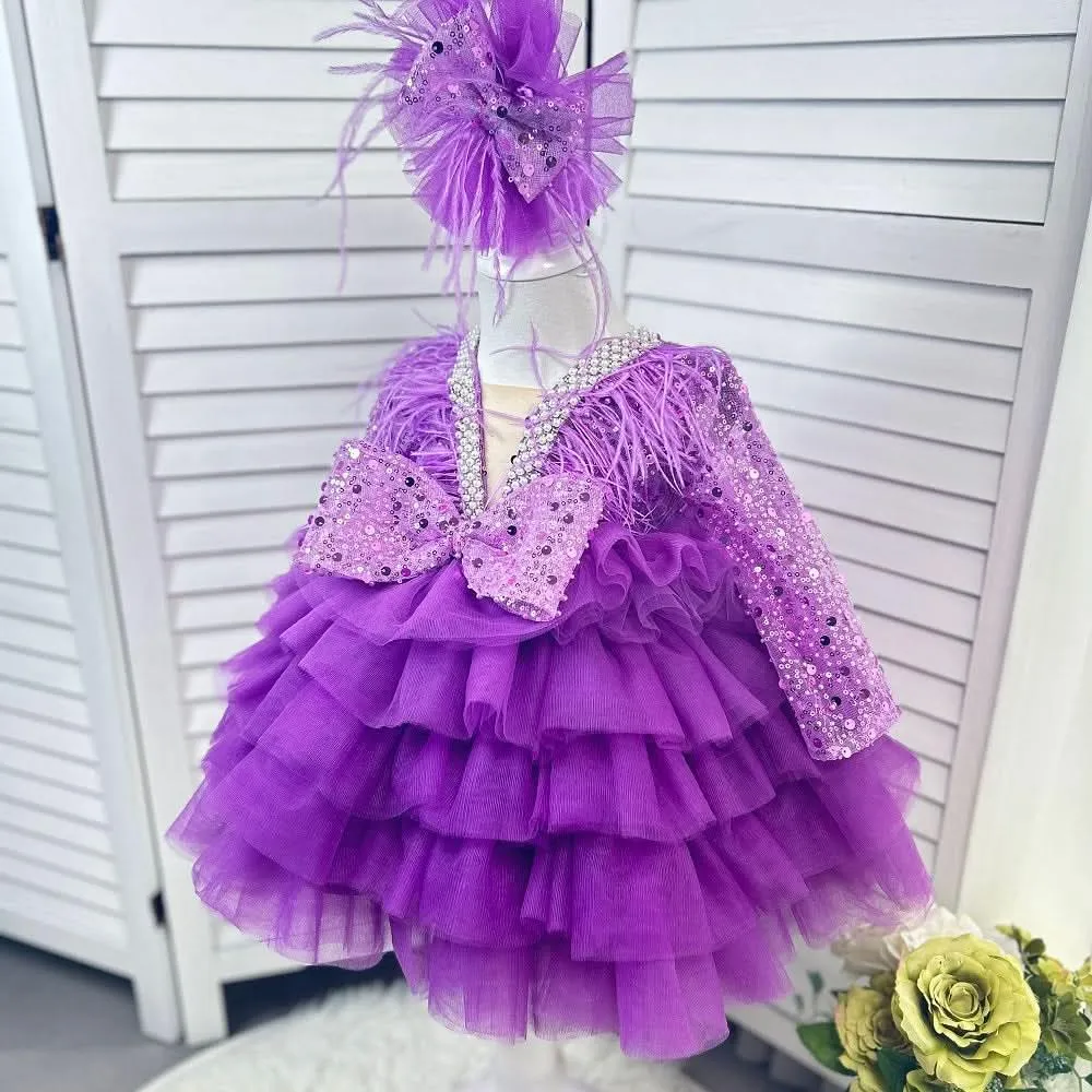 Dance Performance Evening Dress Feather Sequin Birthday Party Girl Princess Dress