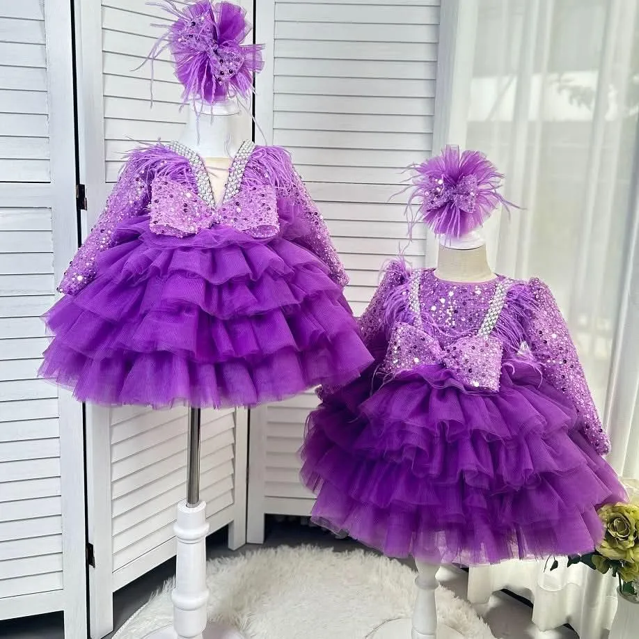 Dance Performance Evening Dress Feather Sequin Birthday Party Girl Princess Dress