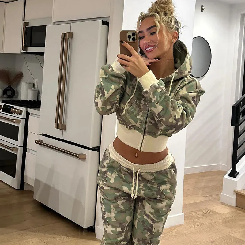 Edgy Camouflage Zip-Up Hoodie and Jogger Pants Two-Piece Set
