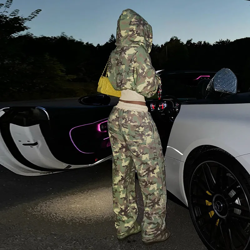 Edgy Camouflage Zip-Up Hoodie and Jogger Pants Two-Piece Set