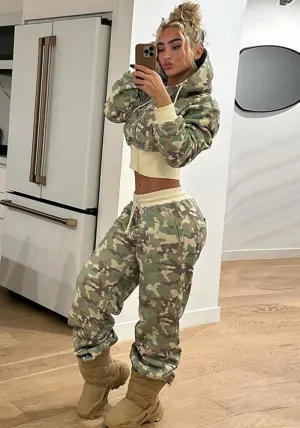 Edgy Camouflage Zip-Up Hoodie and Jogger Pants Two-Piece Set