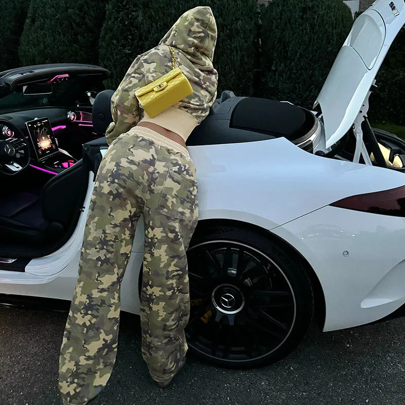 Edgy Camouflage Zip-Up Hoodie and Jogger Pants Two-Piece Set