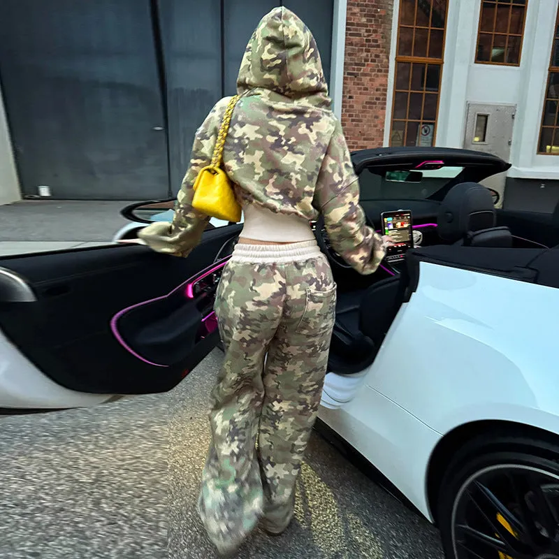 Edgy Camouflage Zip-Up Hoodie and Jogger Pants Two-Piece Set
