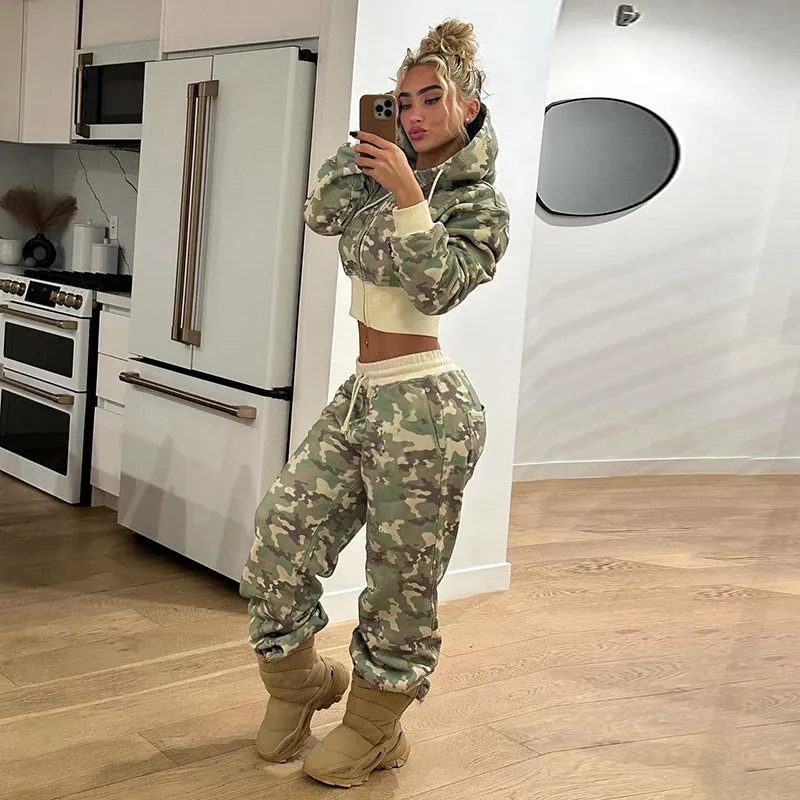 Edgy Camouflage Zip-Up Hoodie and Jogger Pants Two-Piece Set