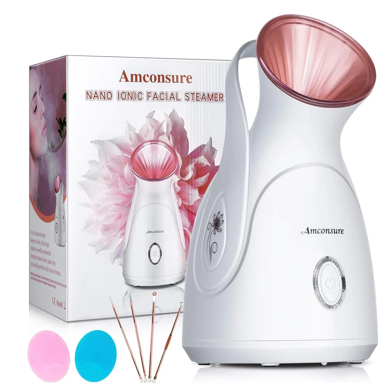 Facial Steamer - Nano Ionic Face Steamer Warm Mist Steamer for Face Home Sauna SPA, Face Humidifier Steamer for Facial Deep Cleaning Unclogs Pores Sinuses - 5 Piece Stainless Steel Skin Kit