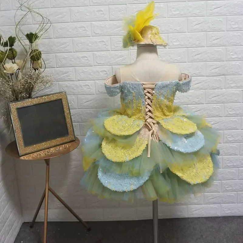 Girls sequin luxury princess dress birthday party host piano performance costume