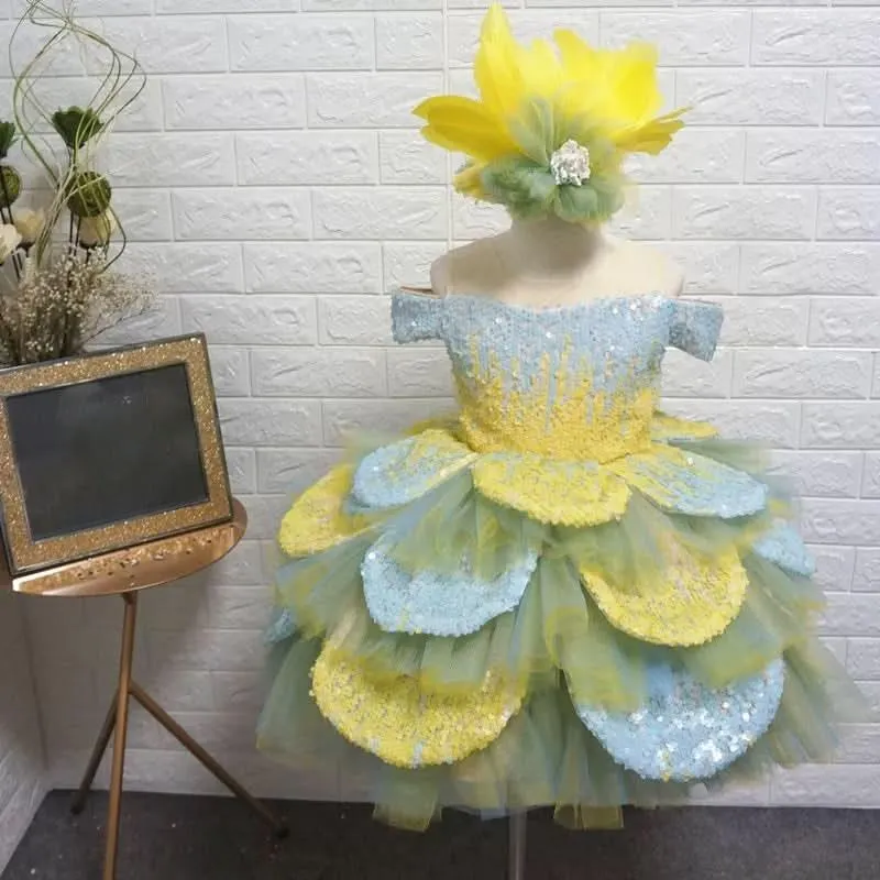 Girls sequin luxury princess dress birthday party host piano performance costume