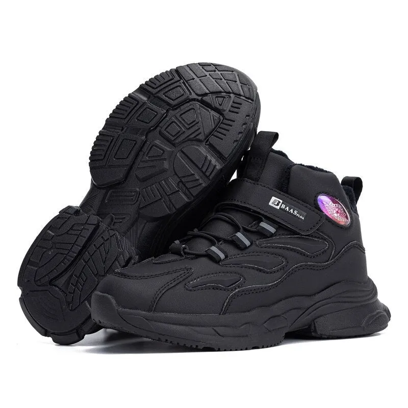 Kids Snow Boots Winter Leather Waterproof Plush Warm Cotton Shoes Boys Girls Non-slip Sneakers