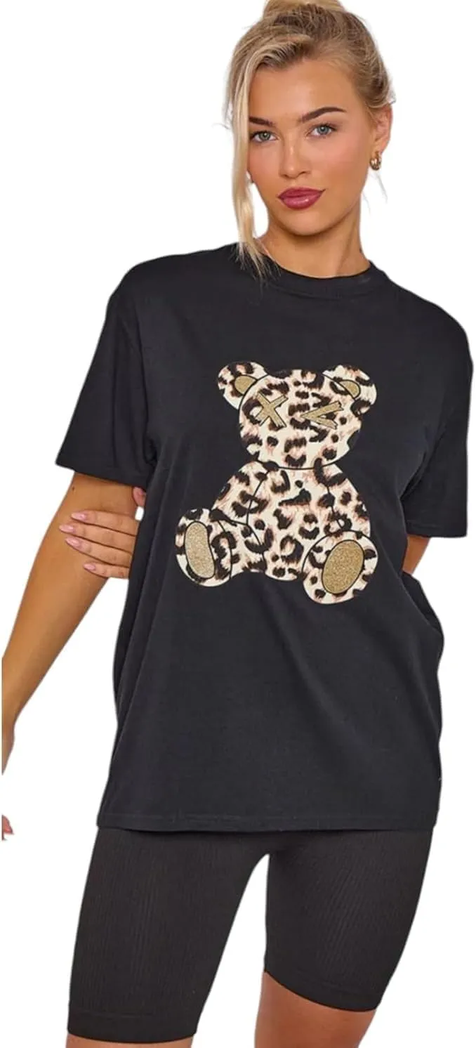 Leopard Teddy Graphic Oversized Baggy T-Shirt Top