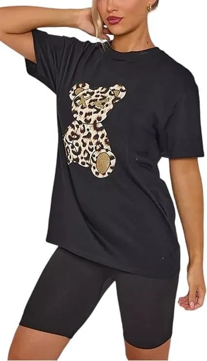 Leopard Teddy Graphic Oversized Baggy T-Shirt Top
