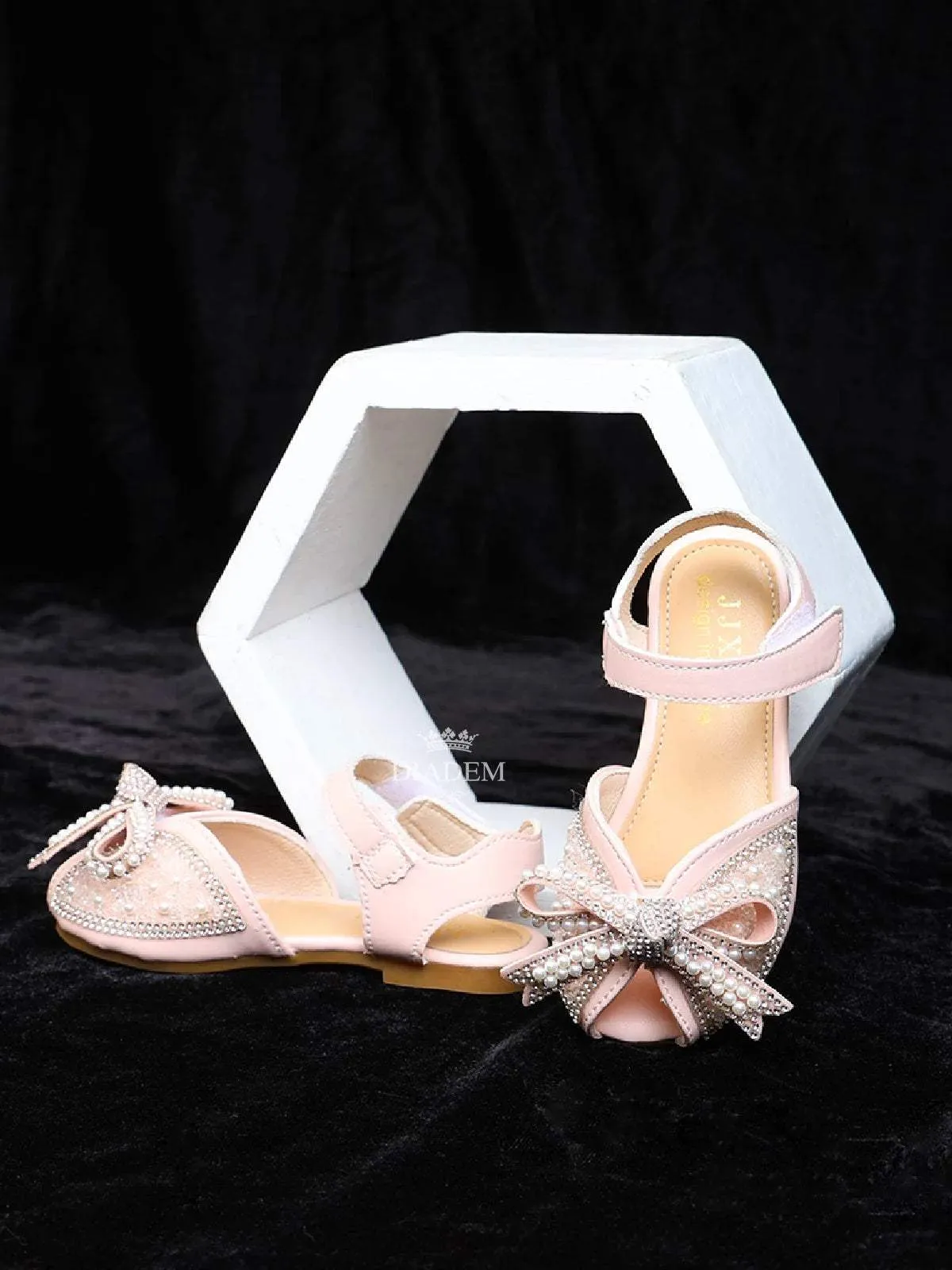 Light Pink Ballerinas Adorned with Beads and Stones with attached Bow for Girls