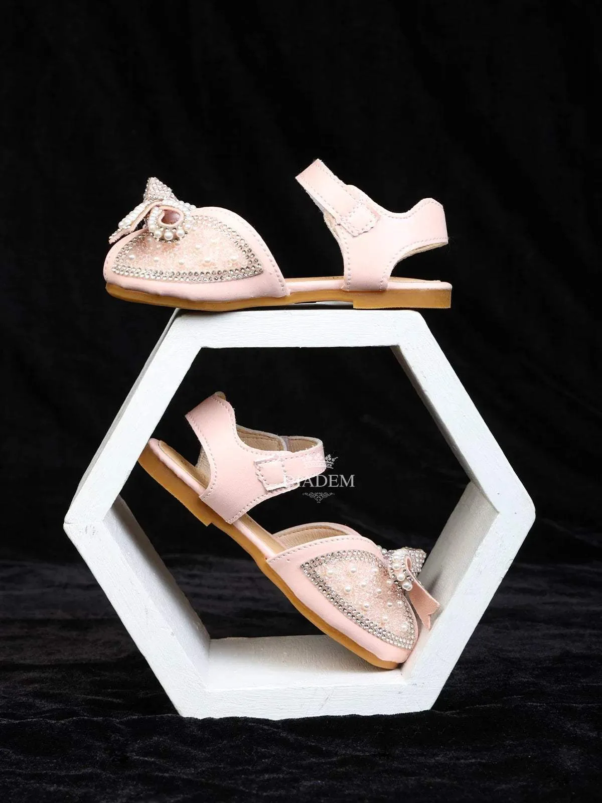 Light Pink Ballerinas Adorned with Beads and Stones with attached Bow for Girls