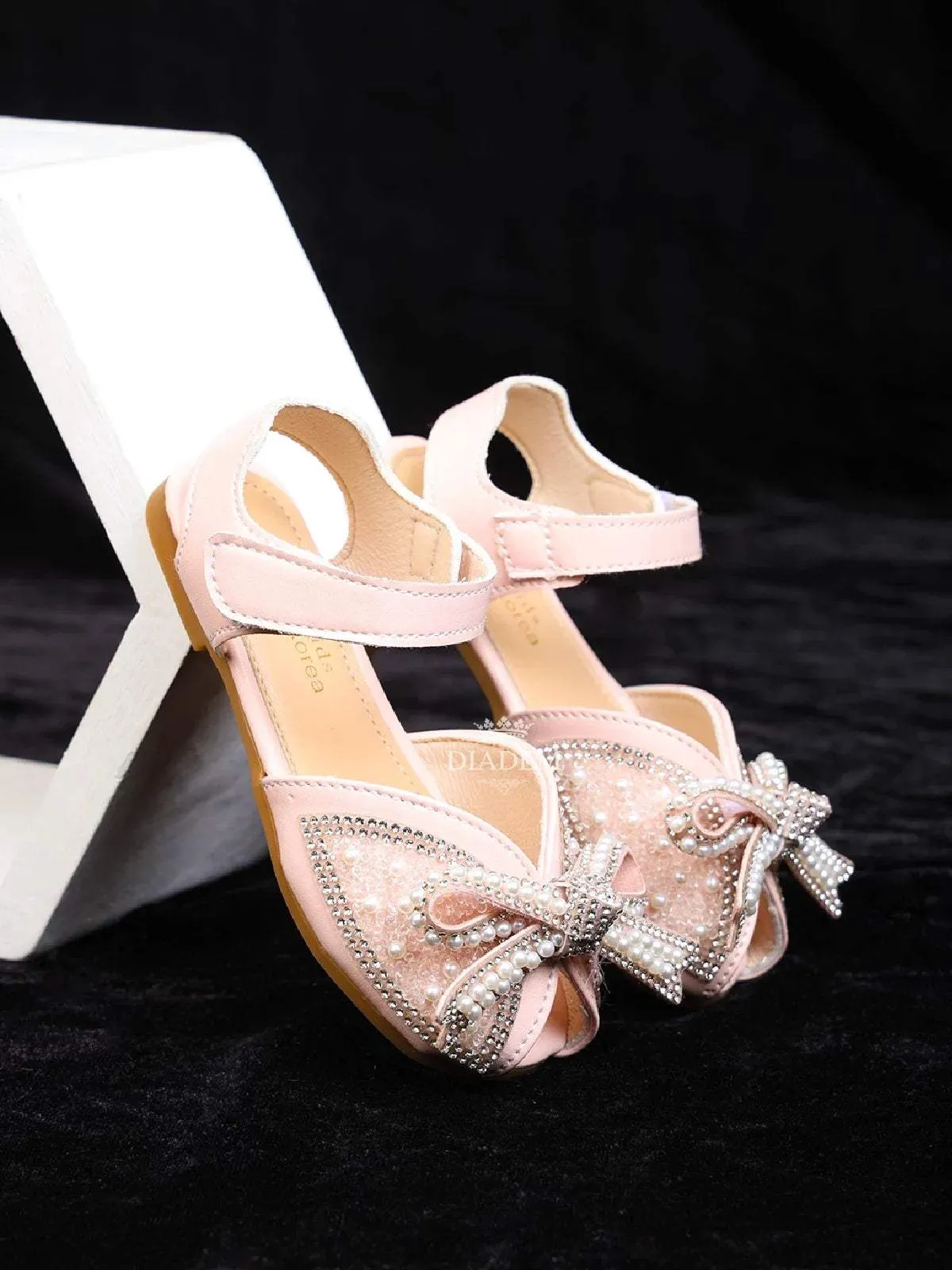 Light Pink Ballerinas Adorned with Beads and Stones with attached Bow for Girls