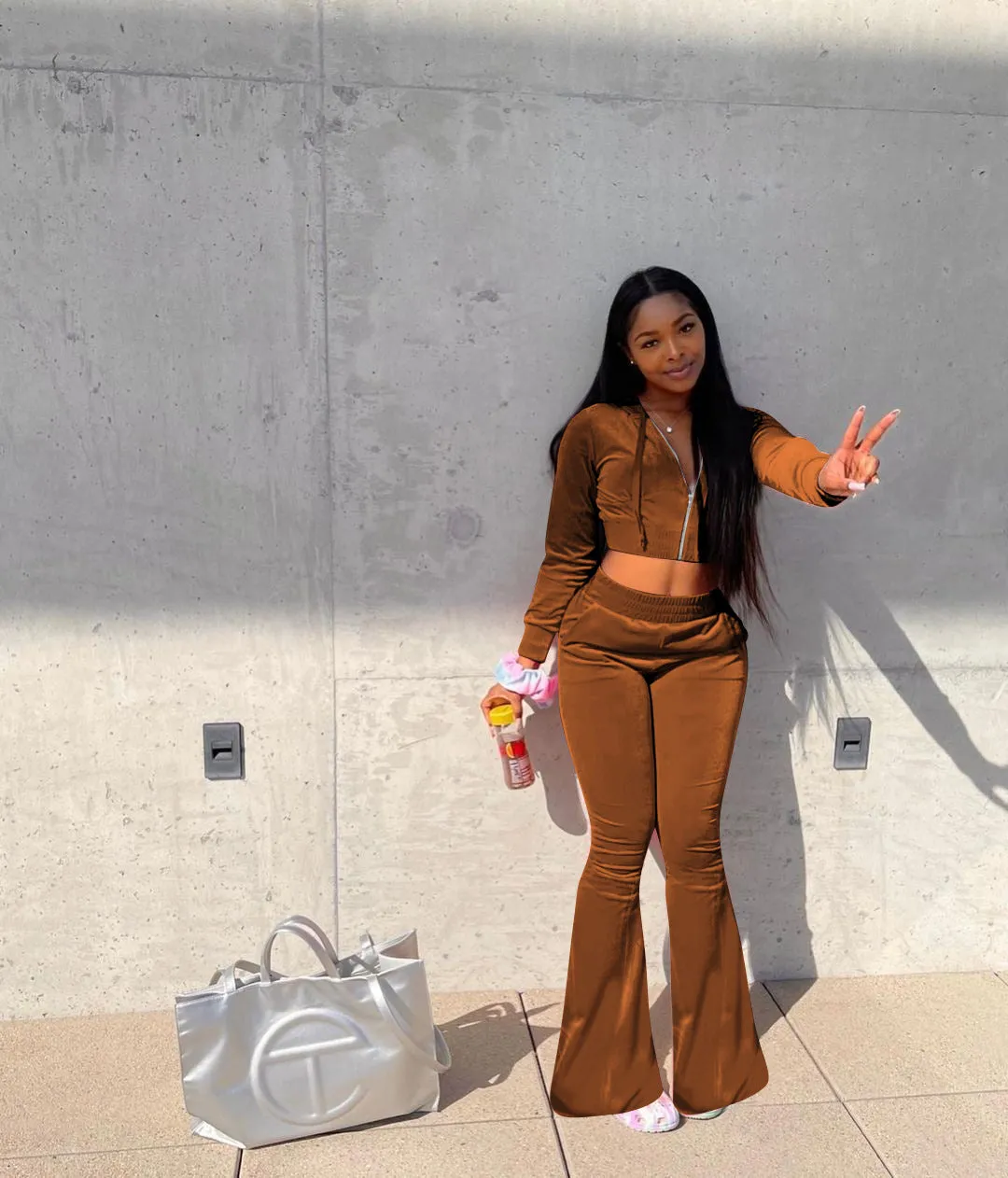 Luxurious Velvet Two-Piece Set with Hooded Top and Wide-Leg Pants