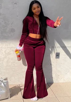 Luxurious Velvet Two-Piece Set with Hooded Top and Wide-Leg Pants