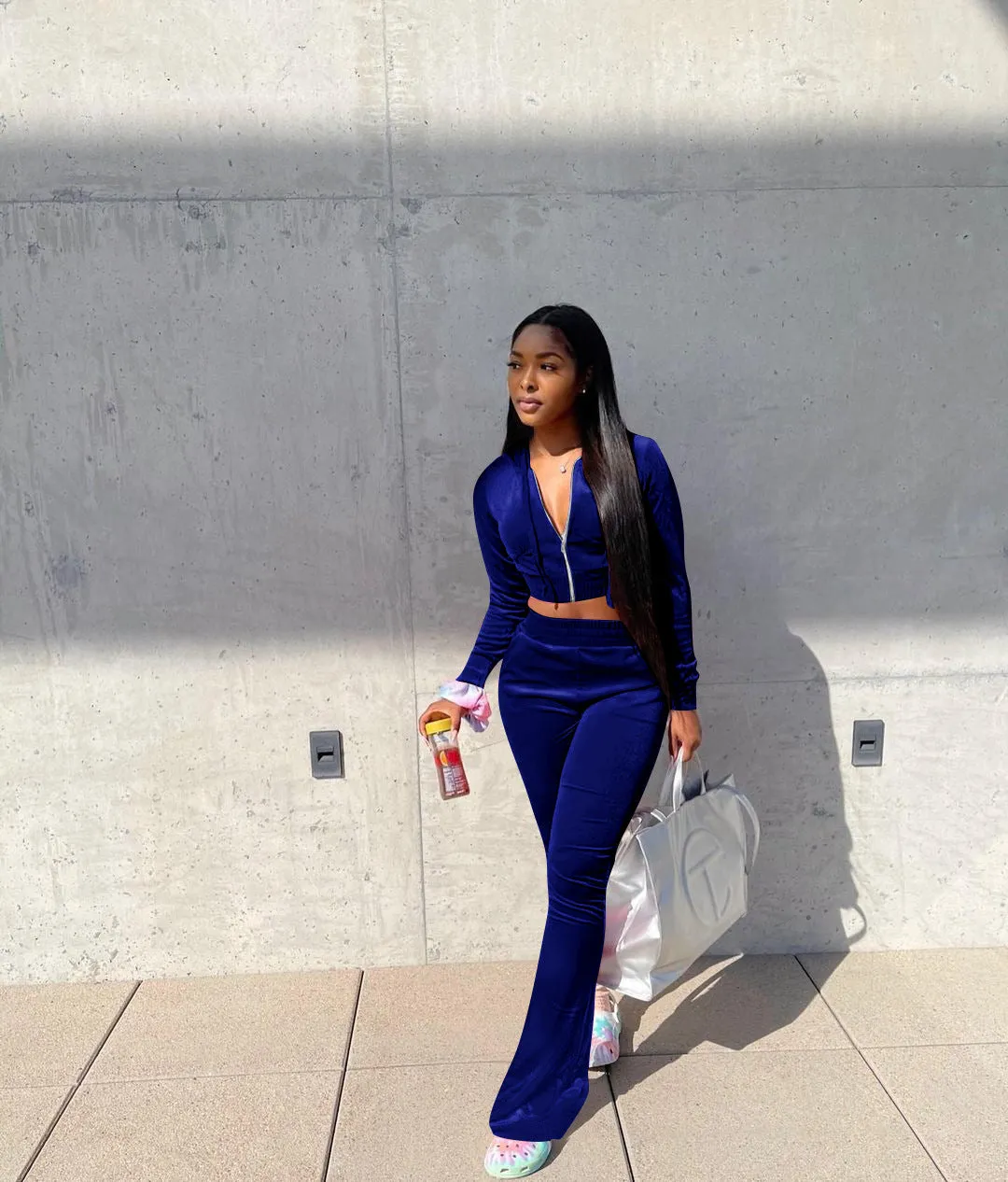 Luxurious Velvet Two-Piece Set with Hooded Top and Wide-Leg Pants