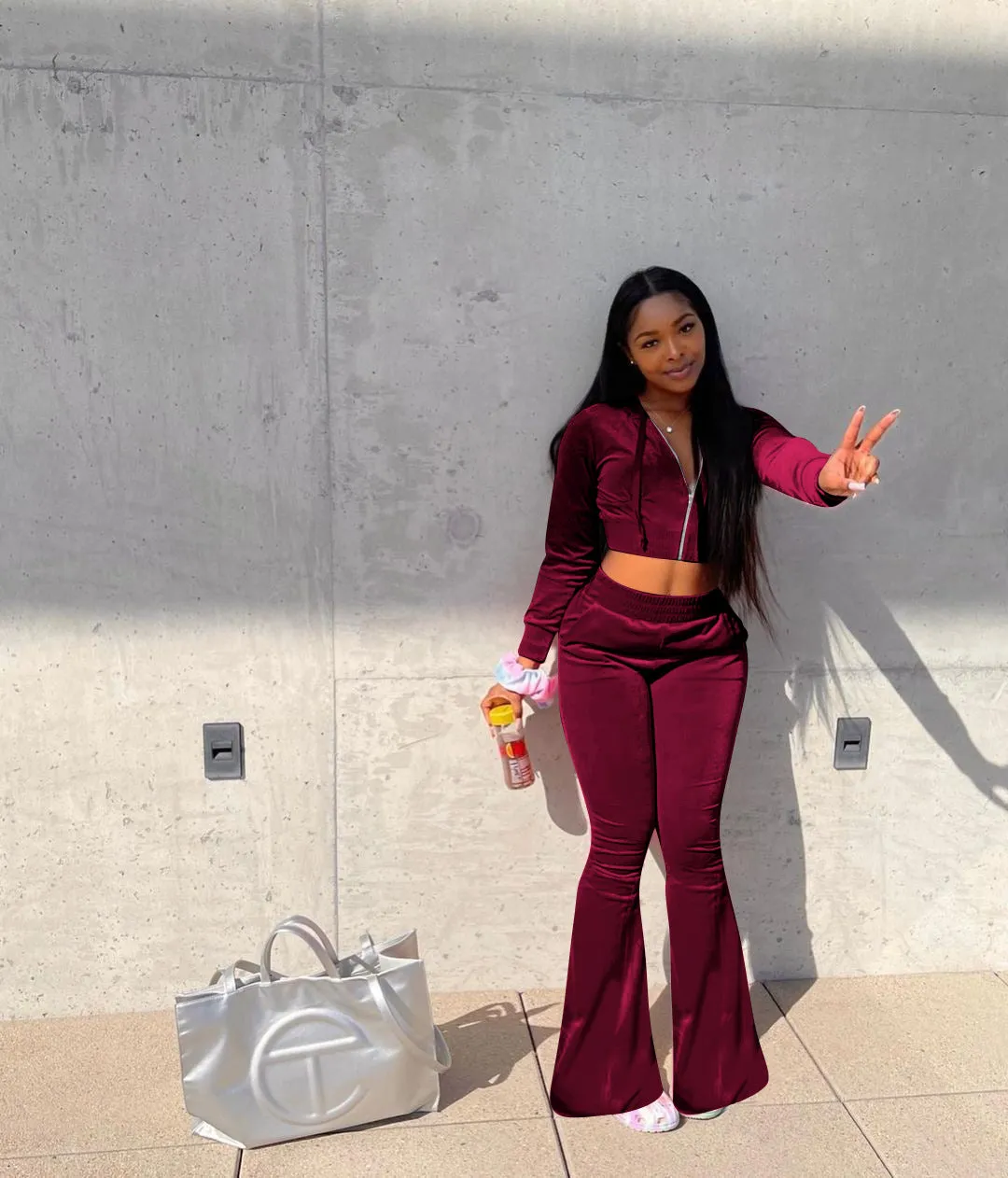 Luxurious Velvet Two-Piece Set with Hooded Top and Wide-Leg Pants