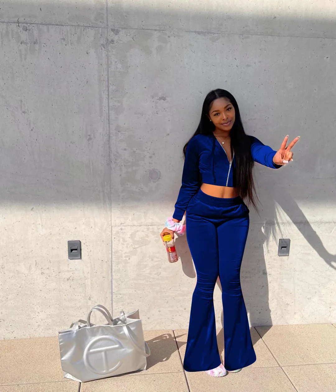 Luxurious Velvet Two-Piece Set with Hooded Top and Wide-Leg Pants