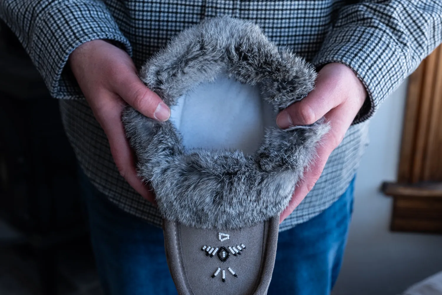 Men's Rabbit Fur Thunderbird Beaded Moccasins