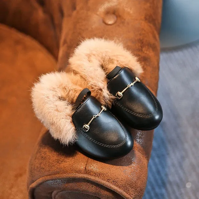 New Winter Kids Fur Shoes Baby Girls Warm Flats Children Pu Leather Princess Shoes Toddler Brand Black Loafer Fashion Moccasin