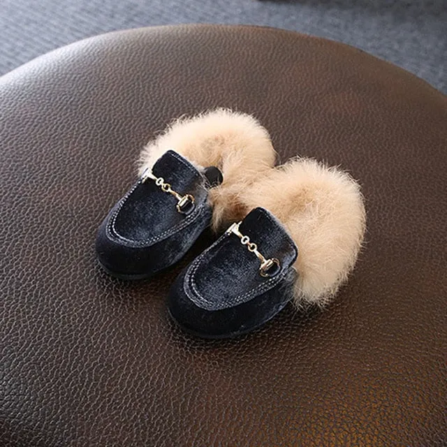New Winter Kids Fur Shoes Baby Girls Warm Flats Children Pu Leather Princess Shoes Toddler Brand Black Loafer Fashion Moccasin