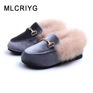 New Winter Kids Fur Shoes Baby Girls Warm Flats Children Pu Leather Princess Shoes Toddler Brand Black Loafer Fashion Moccasin