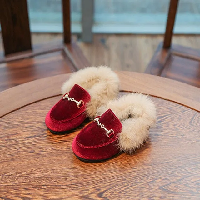 New Winter Kids Fur Shoes Baby Girls Warm Flats Children Pu Leather Princess Shoes Toddler Brand Black Loafer Fashion Moccasin