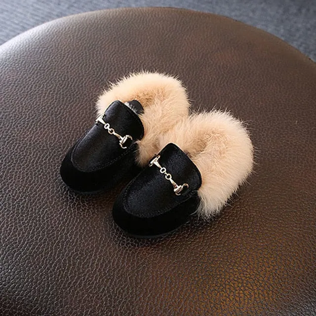 New Winter Kids Fur Shoes Baby Girls Warm Flats Children Pu Leather Princess Shoes Toddler Brand Black Loafer Fashion Moccasin