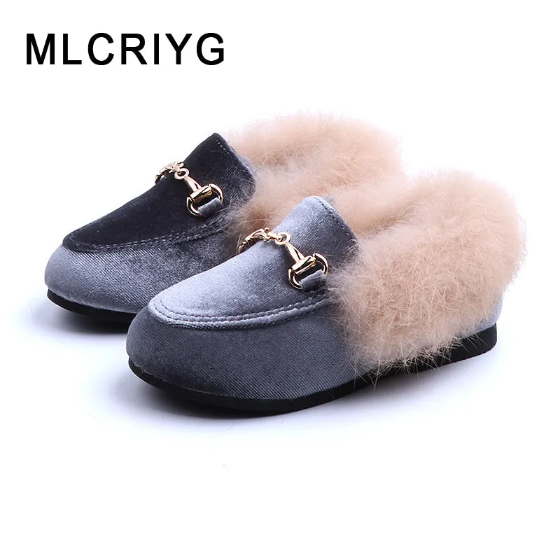 New Winter Kids Fur Shoes Baby Girls Warm Flats Children Pu Leather Princess Shoes Toddler Brand Black Loafer Fashion Moccasin