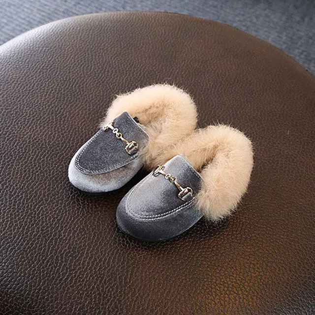 New Winter Kids Fur Shoes Baby Girls Warm Flats Children Pu Leather Princess Shoes Toddler Brand Black Loafer Fashion Moccasin