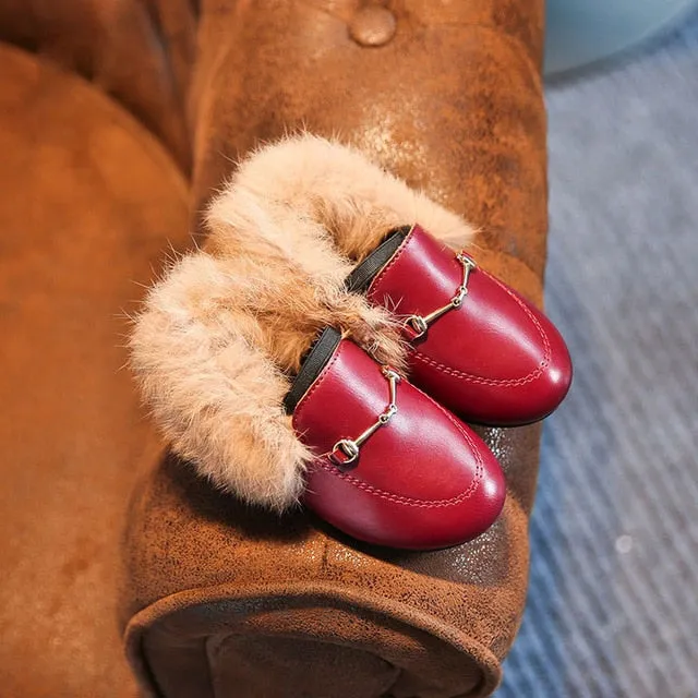 New Winter Kids Fur Shoes Baby Girls Warm Flats Children Pu Leather Princess Shoes Toddler Brand Black Loafer Fashion Moccasin