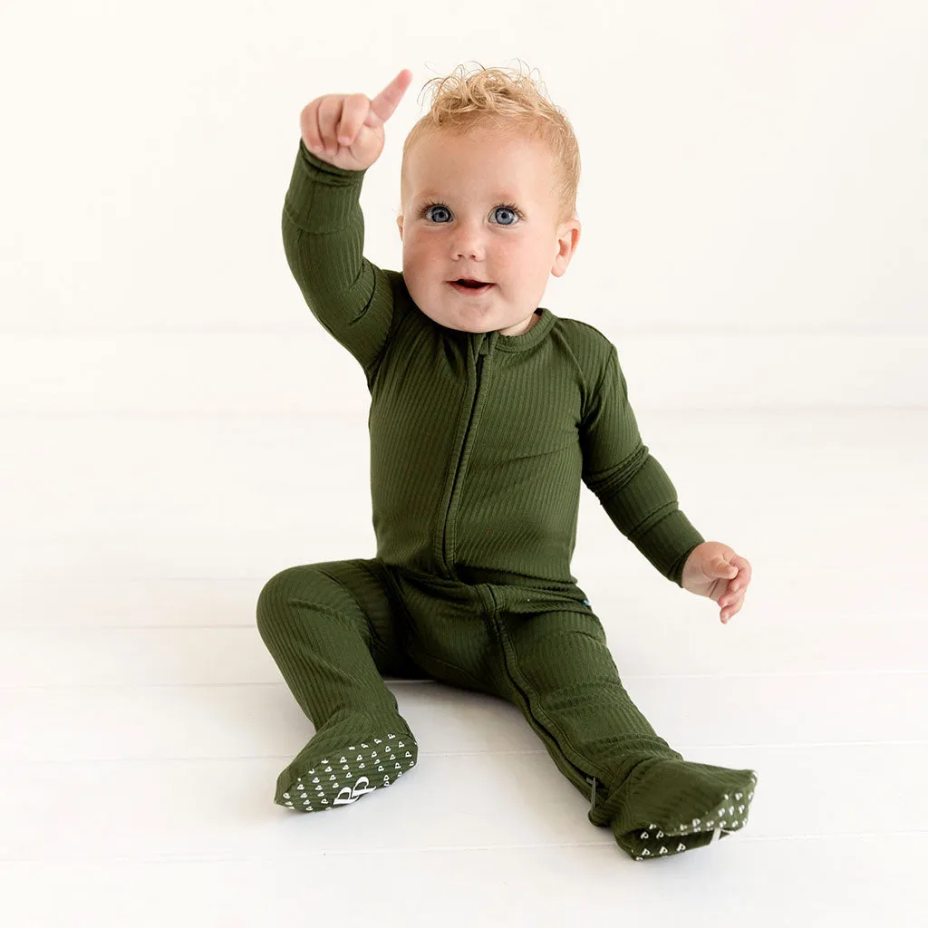 Posh Peanut Solid Pine Ribbed Footie with Zipper