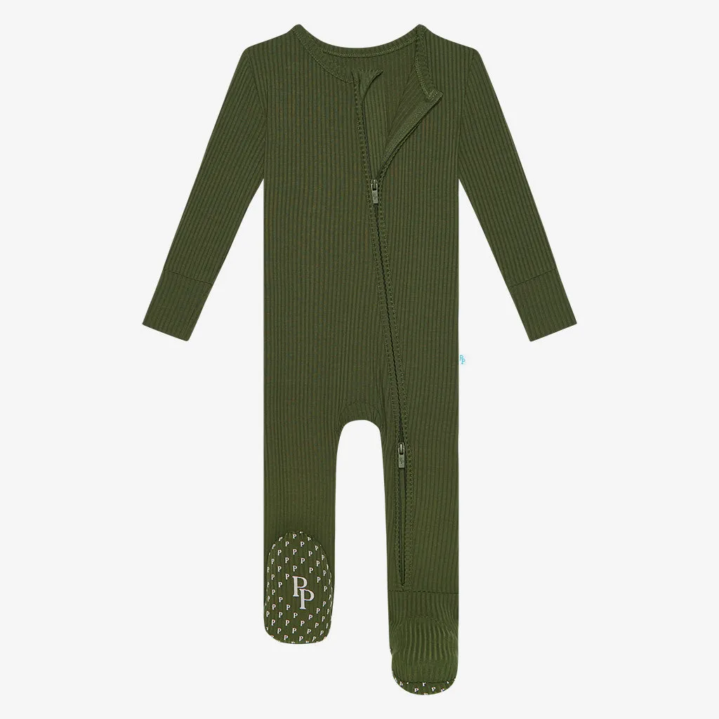 Posh Peanut Solid Pine Ribbed Footie with Zipper