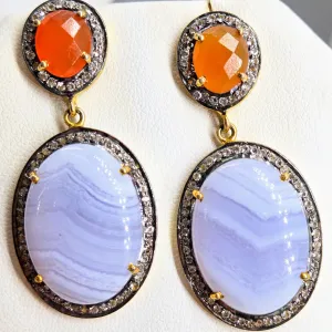 "Sunsets & Blue Bells" 2" Earrings - Agate, Carnelian, Topaz, Black Sterling, 18k Gold