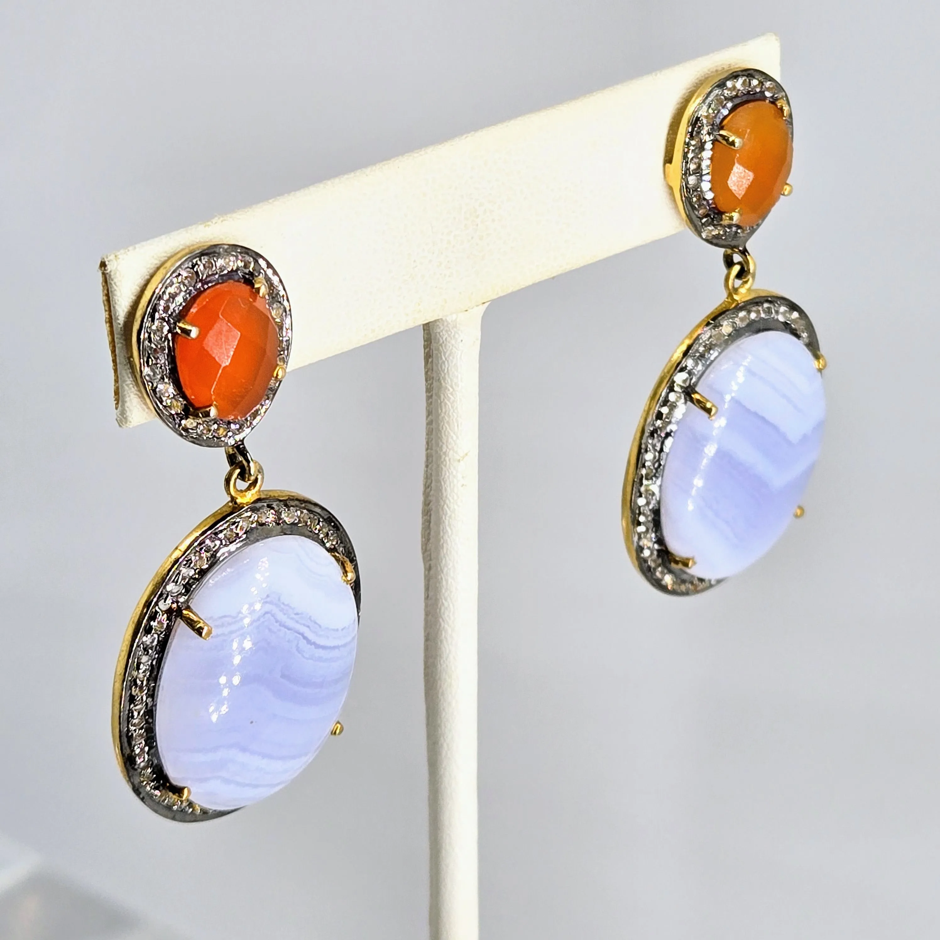 "Sunsets & Blue Bells" 2" Earrings - Agate, Carnelian, Topaz, Black Sterling, 18k Gold
