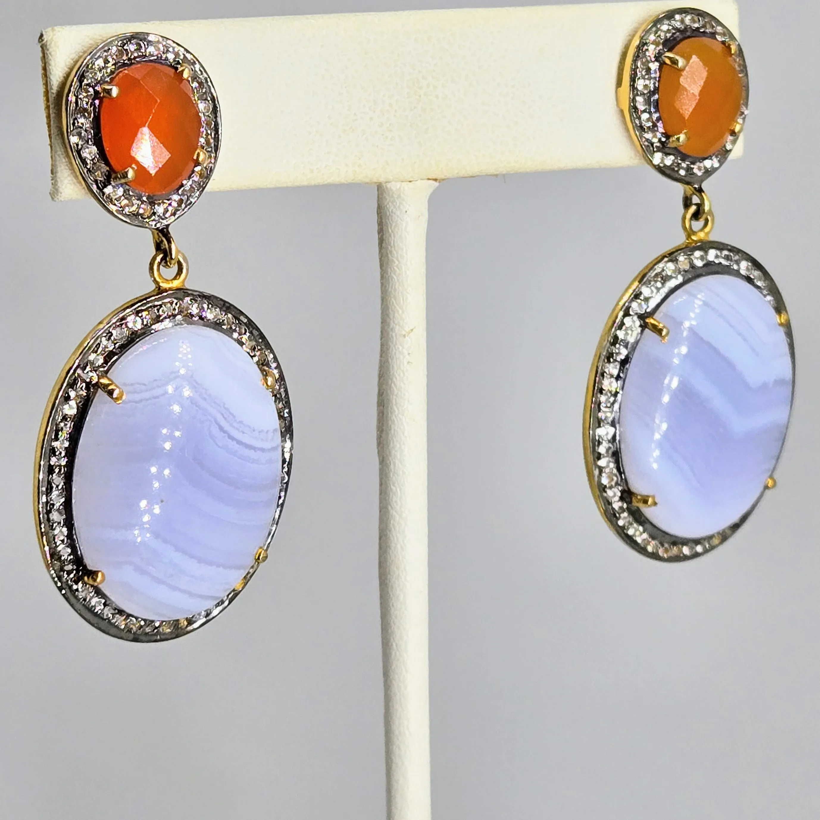 "Sunsets & Blue Bells" 2" Earrings - Agate, Carnelian, Topaz, Black Sterling, 18k Gold