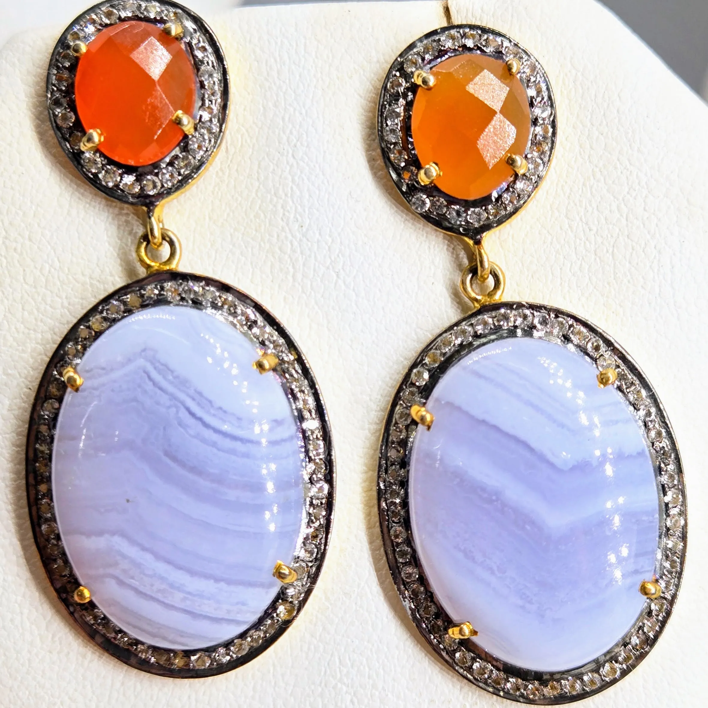 "Sunsets & Blue Bells" 2" Earrings - Agate, Carnelian, Topaz, Black Sterling, 18k Gold