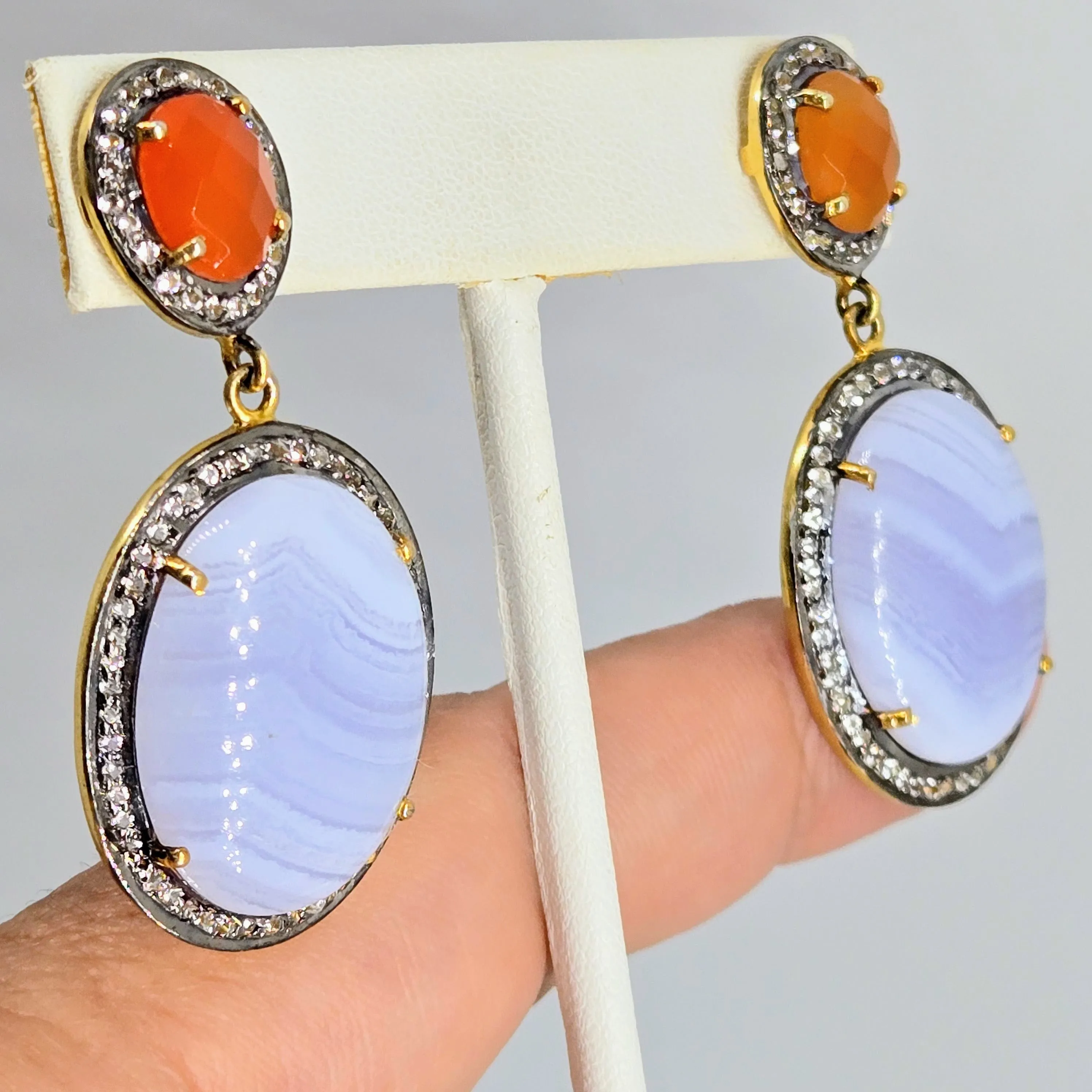 "Sunsets & Blue Bells" 2" Earrings - Agate, Carnelian, Topaz, Black Sterling, 18k Gold