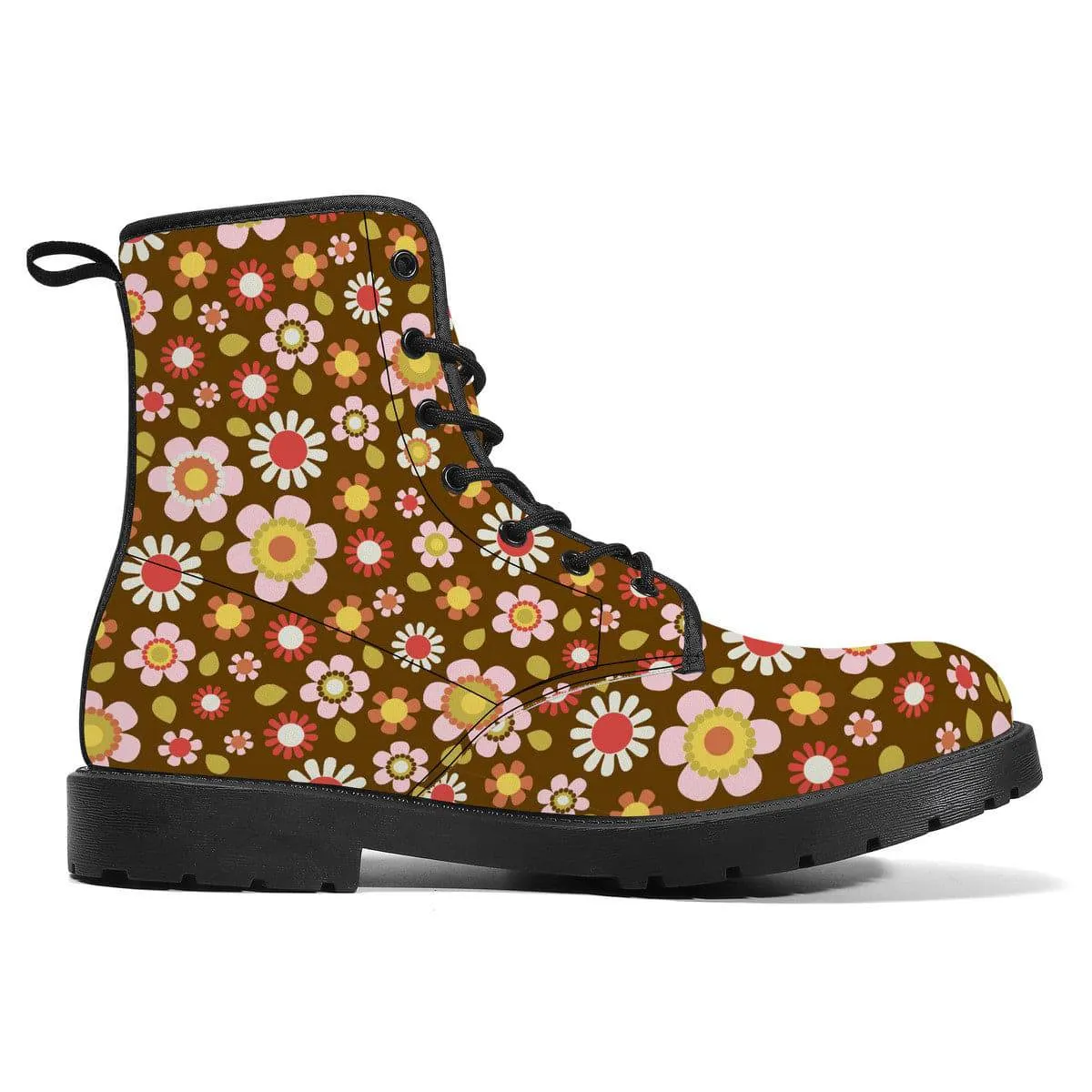 Retro Brown Daisy Mod Vegan Leather Boots