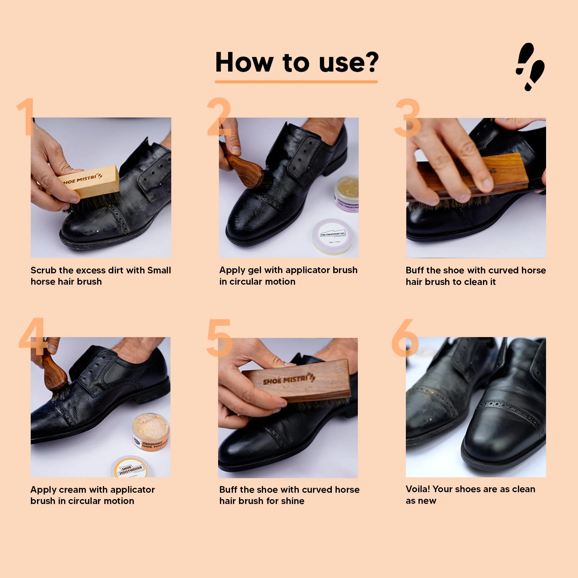 Shoe Mistri Leather Care Essentials Kit Drawer | Pack Of Leather Moisturiser, Pre-treatment Gel, Horse Hair Curved Brush with Soft Applicator Brush