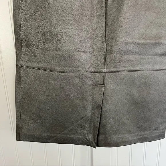Vintage 80s 90s Metallic Silver Leather Skirt Panel Pencil Midi Length Size 6